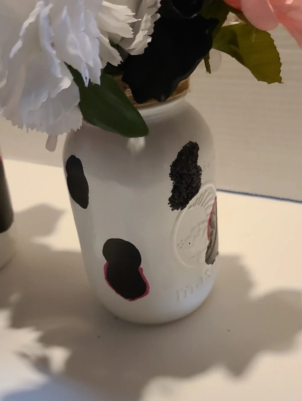 Handmade Pink & White Cow Print Floral Mason Jar Arrangement - Home Accents